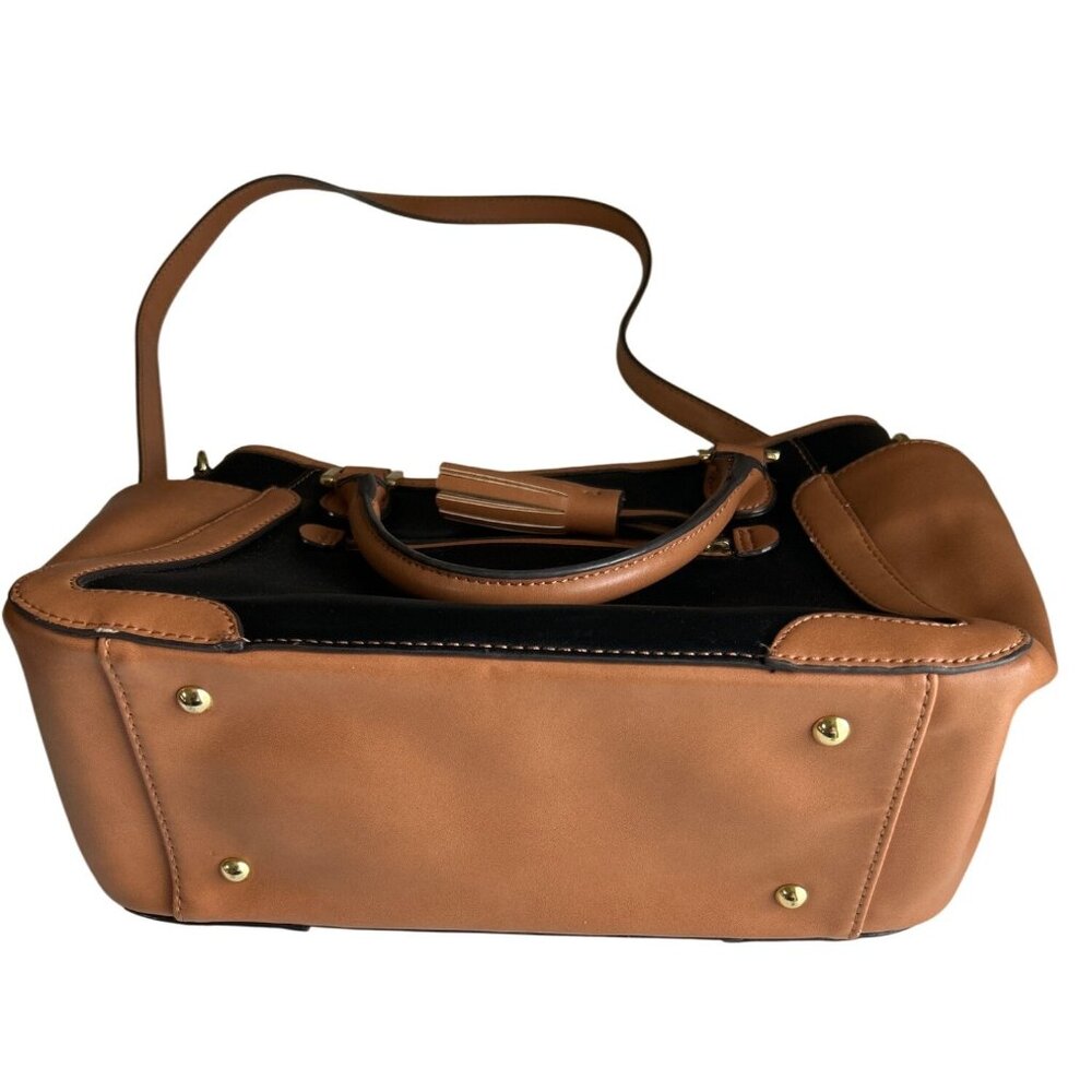 Kate Landry Black & Tan Satchel Handbag With Tassel Accent Crossbody Strap - Picture 7 of 11